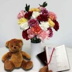 Mixed Christmas Carnations 20 Stems with Vase + Cuddly Bear plus diary