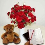 Red and Gold Carnations 20 Stems + Vase + Cuddly Bear plus Diary