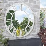White Roman Numeral Clock Garden Mirror